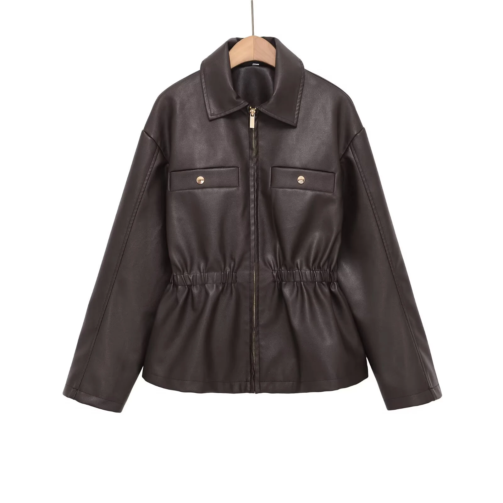 Nuovo Prodotto Invernale 2026 Giacca di Alta Gamma a Maniche Lunghe con Colletto in Ecopelle e Vita Elasticizzata Cappotto in Pelle da Donna