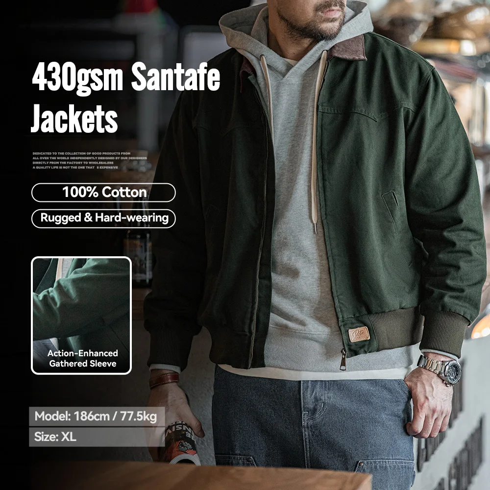 Maden Retro Heavyweight Santafe Canvas Jackets Cotton Corduroy Lapel Ribbed Hem Cuffs Short Jacket for Men's Autumn Overcoat