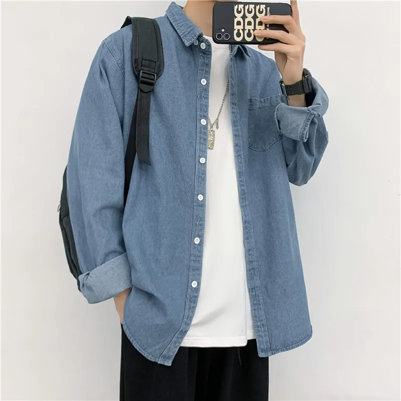 

Men Denim Shirts Long Sleeve Spring Autumn Fashion Vintage Jackets Turn-down Collar Tops Solid Color Male Casual Loose Coats