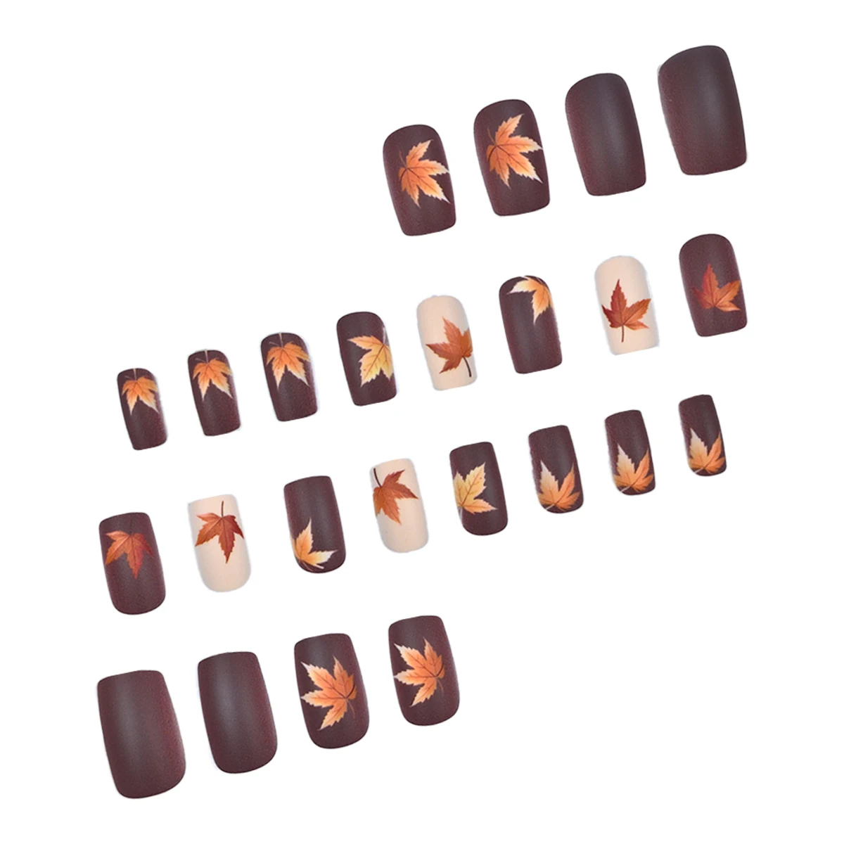 A complete set of 24 short square fake nails, designed with a brown maple leaf pattern, including 1 jelly glue and 1 nail file.
