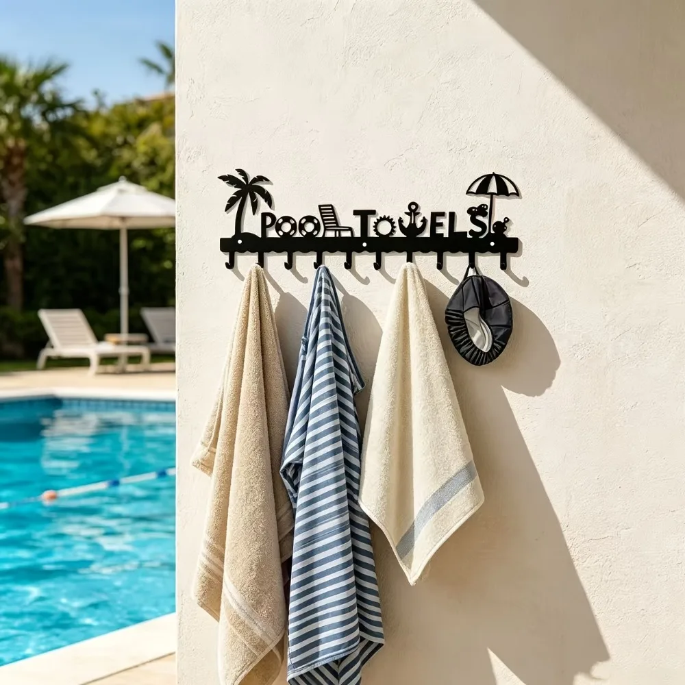 Wrought Iron Wall-Mounted Hook Rack for Poolside (Towels, Swimwear, Swim Caps) – 10-Hook Outdoor Patio Organizer – Ideal for Villa Poolside Decor & Seaside Vacation Style view 6