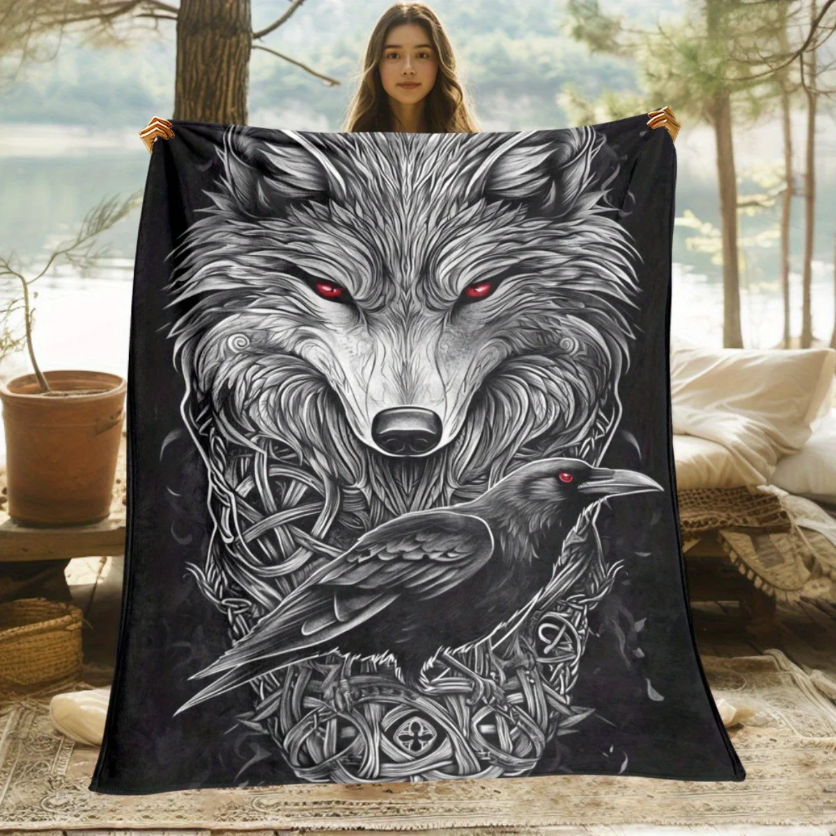 

Wolf Raven Celtic Tattoo Design Fleece Blanket Gothic Animal Art Black Red Eyes Soft Throw Blanket Nordic Style Home Decor Gift