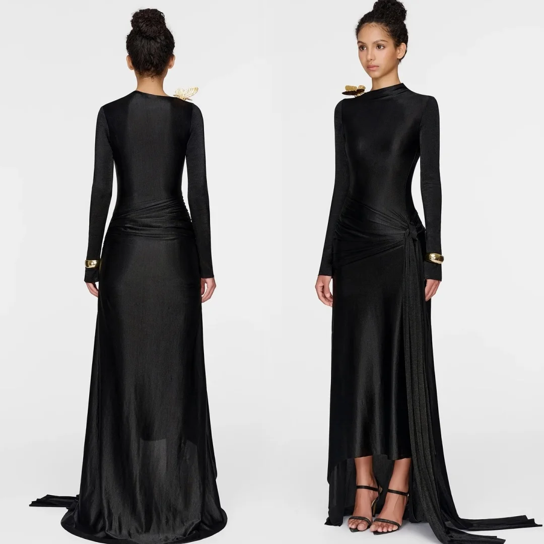 

Customized Exquisite Jersey Straight Appliques Evening Dresses Crew Neck Long Sleeves Panel Train Black Homecoming Dre