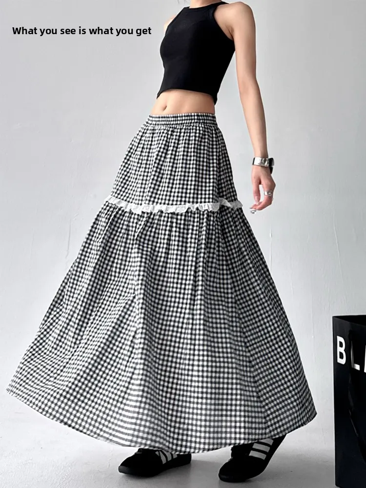 Gonna a trapezio scozzese a vita alta Primavera Estate da donna Nuova gonna lunga con elastico in vita patchwork con finiture in pizzo