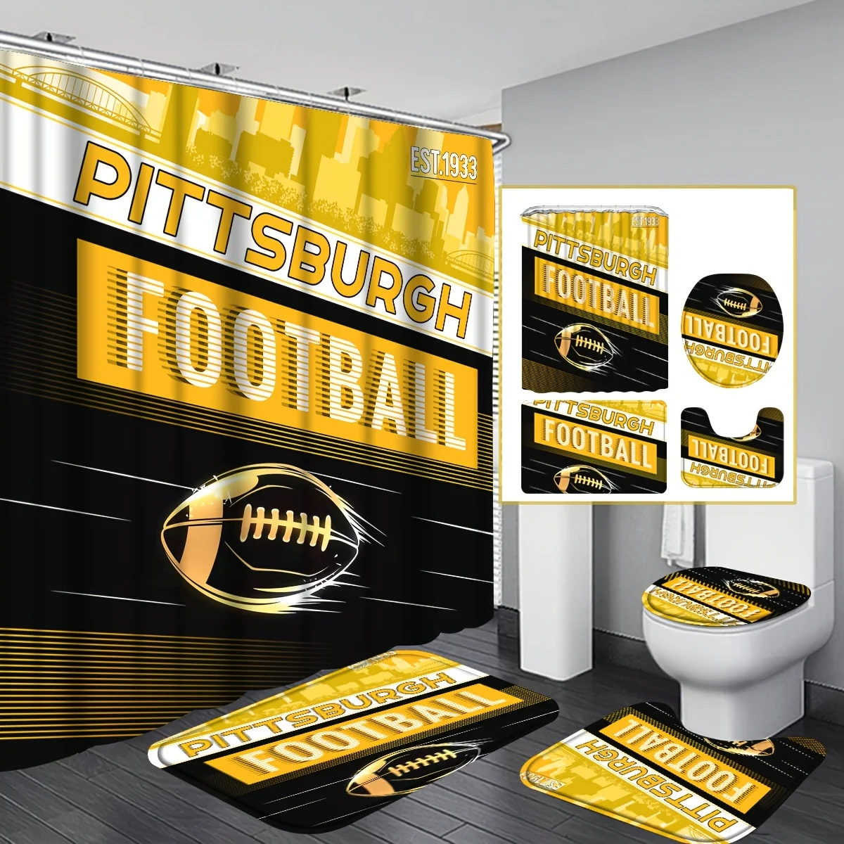 Pittsburgh Football Bathroom Four-Piece Set - Sports-Themed Waterproof Shower Curtain for a Complete Bathroom Set