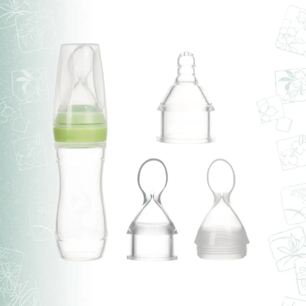 3 قطع من زجاجات الرضاعة المصنوعة من السيليكون مع ملعقة بتصميم طبيعي لعصير الحليب والطب المريح والسفر الخفيف الصغير
