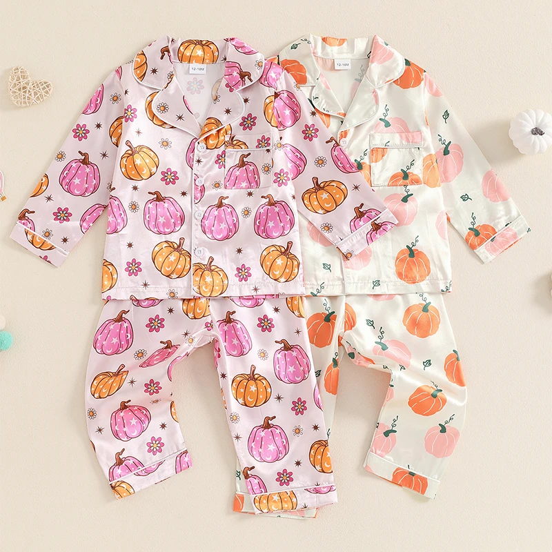 小さな女の子のためのハロウィーンのパジャマセット,カボチャのプリント,長袖,ボタンダウンのトップス,伸縮性のあるウエストパンツ,2024-13