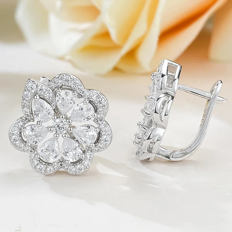 Simulated Diamond Earrings S925 Silver Lace Flower Ear Patches Earrings Fashion Evening Flower Earrings