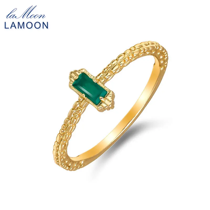 LAMOON Natural Green Chalcedony Ring For Women Exquisite Vintage Knuckle Pinky Solitaire Ring 925 Sterling Silver Fine Jewelry