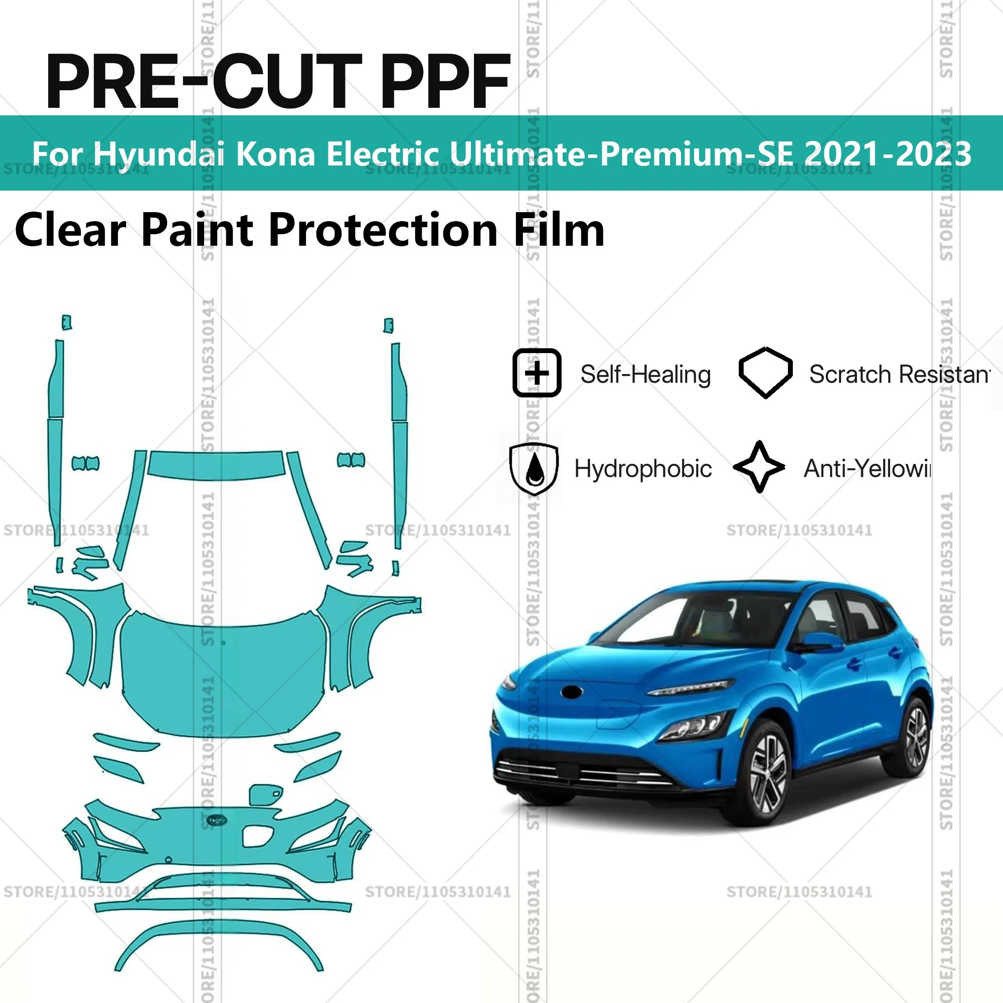 

Предварительно нарезанная прозрачная защитная пленка PPF для автомобилей Hyundai Kona Electric Ultimate-Premium-SE 2021-2023