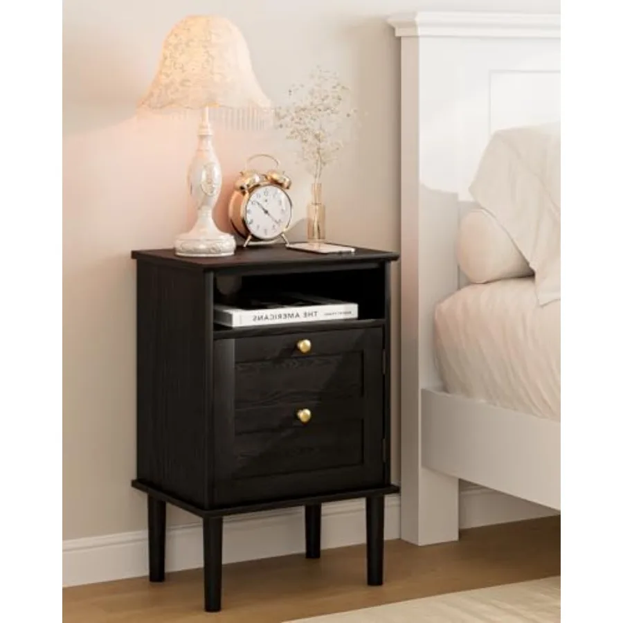 

Boho Nightstand with 1 Drawer Open Shelf Modern Wooden Top Bedside Table for Bedroom or Living Room Black Accent Side Table wit