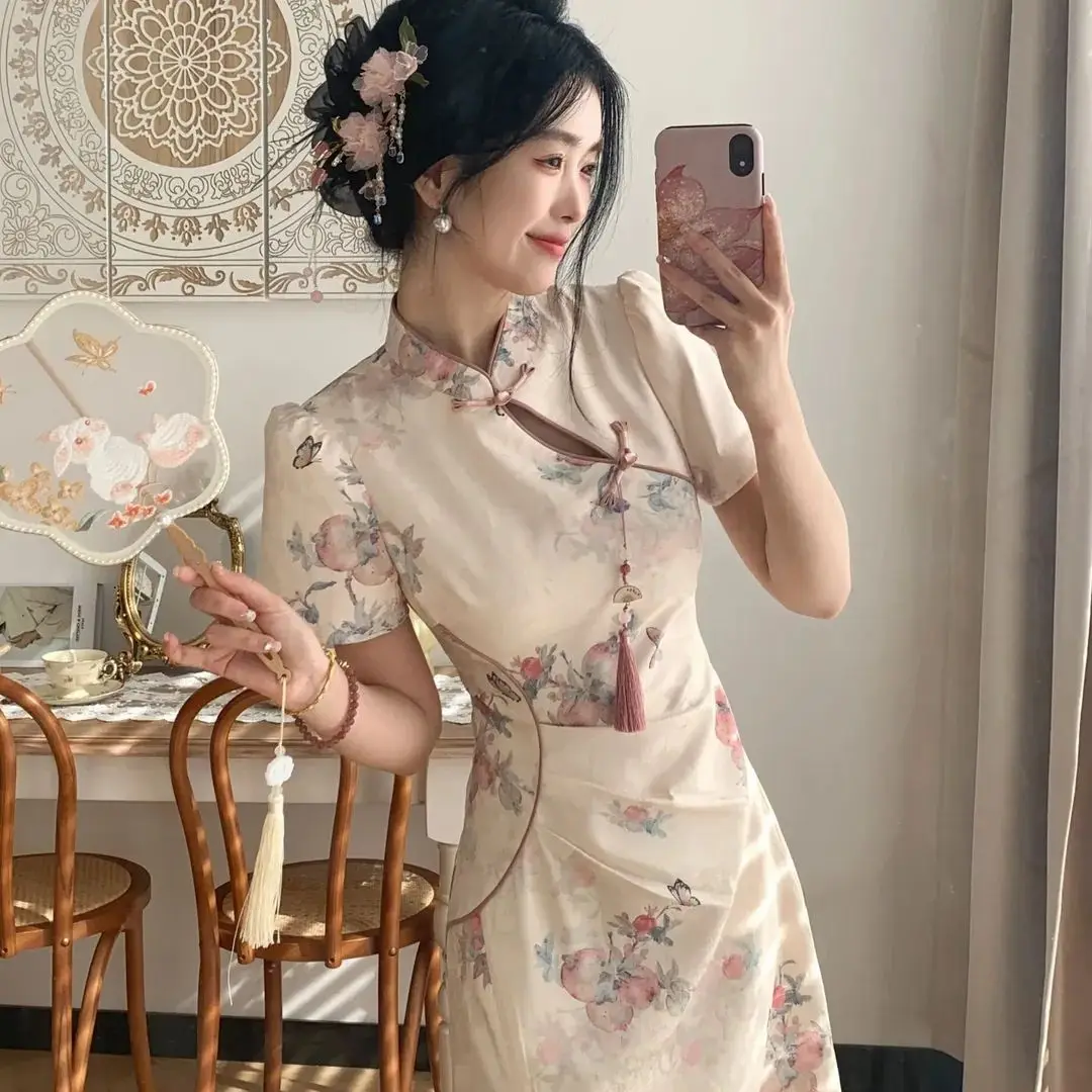 

New Chinese Style Cheongsam Dress Modern Qipao Dress New Chinese Style Elegant Graceful Qipao Lady Party flower printing Dress