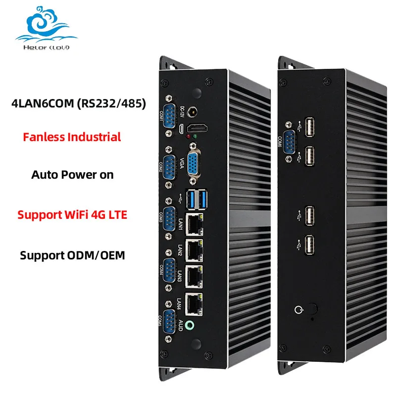 Helorpc Fanless Mini PC 4LAN 6COM Intel Core i7-4600U i5-4300U i3-5005U Support Linux Pfsense 4G LTE WiFi Industrial Computer