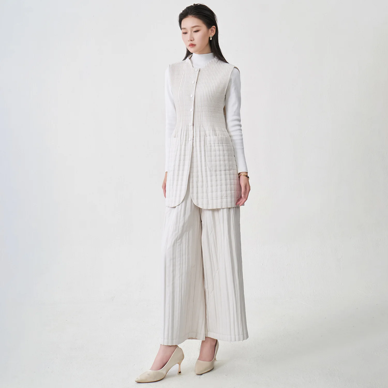 

Miyake Fold 2025 Cotton Jacket Set Women's Vest Cotton Coat Coat Thick Straight Tube Cotton Pants Versatile Fold Two Piece Set