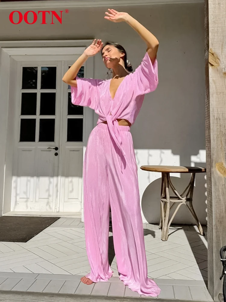 OOTN Pleated Office Solid Women Pants Sets Two Pieces Pink Cross V-Neck Shirts And Pleated Trousers Autumn Winter 2024 Ladies