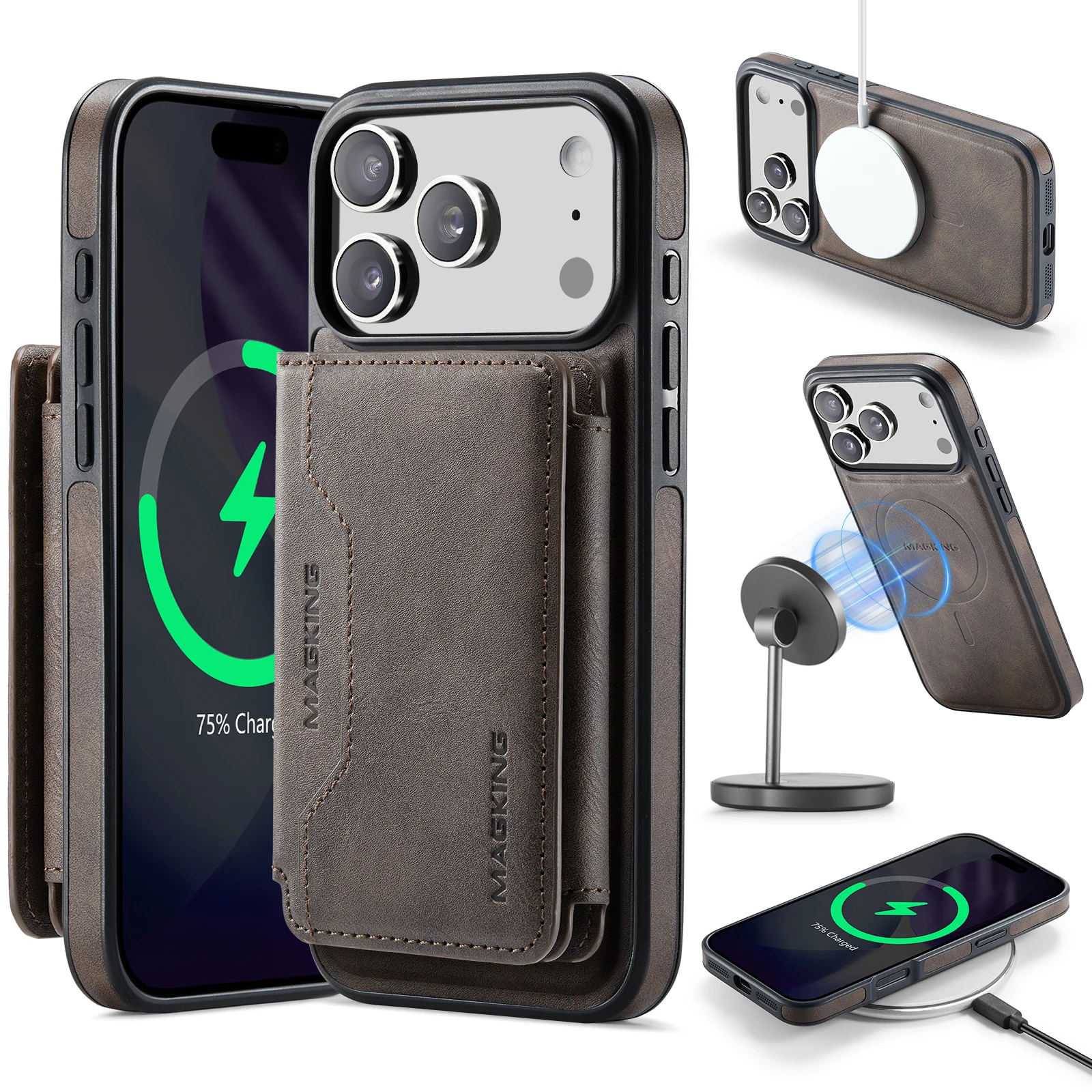 2-in-1 abnehmbare Magnetkarten Solt Wallet Leder Handyhülle für IPhone Air 17 16 Pro Max 15 Plus 14 13 12 für Magsafe Cover