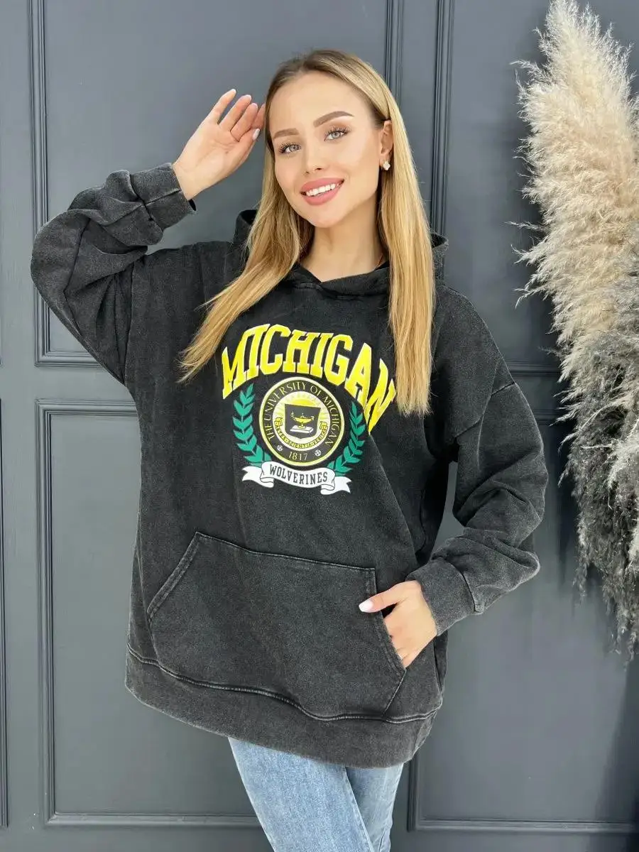 

NNichigan Wolverines Woman Vintage Washed Cotton Hoody Pullover Fashion Oversize Hooded Autumn Comfortable Tops