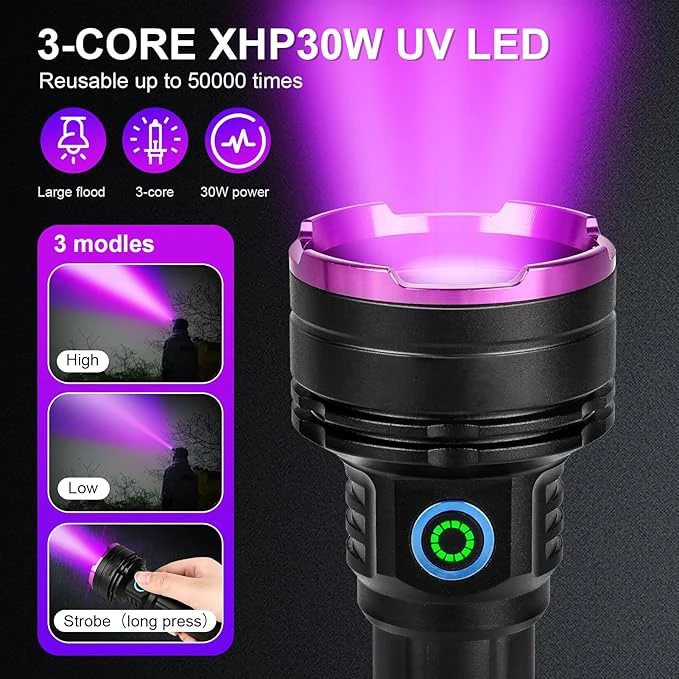 TOPCOM 365nm Black Light UV Flashlight High Power Super Strong Ultraviolet Beam USB Rechargeable Industrial Torch Lantern