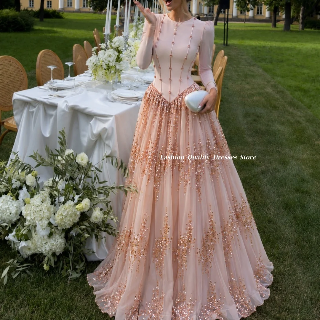 Evening Dress O Neck Long Sleeve Corset Bodice with Gradient Sequin Tulle Skirt Birthday Cocktail Formal Maxi Dress Customized
