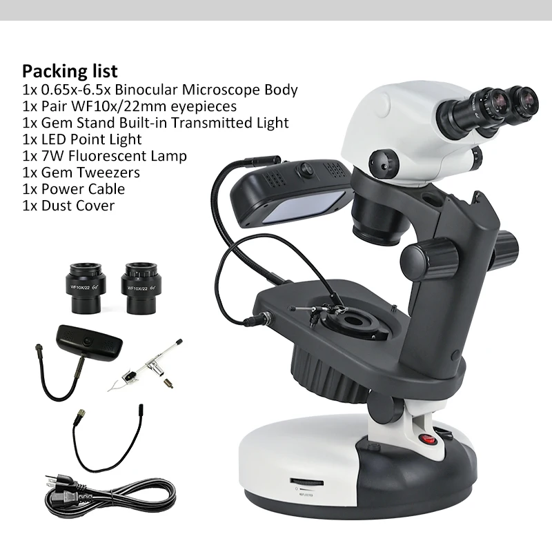 Albenth 6.5X-65X Binocular Professional Jewelry Gemological Microscopes, With Fluorescent, LED, Halogen, Dark Attachment