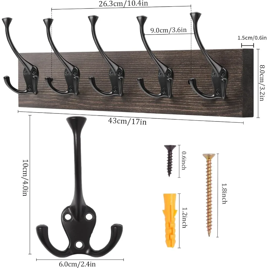 ราวแขวนเสื้อผ้าติดผนังแบบ 2 ชิ้น ขนาด 17 นิ้ว สีไม้เก่า ราวแขวนเสื้อผ้าไม้สไตล์ Rustic พร้อมตะขอโลหะ สำหรับทางเข้าห้องนั่งเล่น