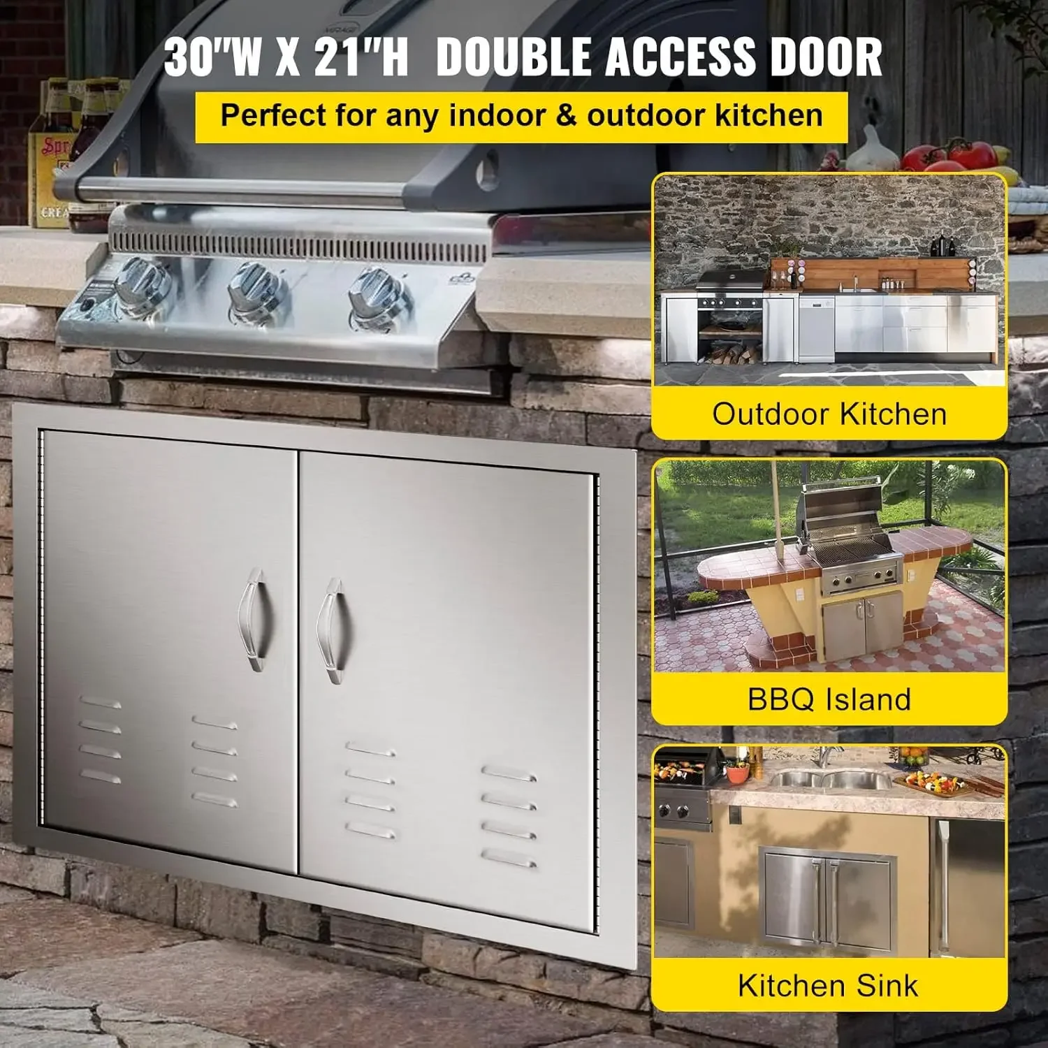 Outdoor Kitchen Doors, 30W x 21H Inch, 304 Stainless Steel Double Doors with Vents, BBQ Access Door with