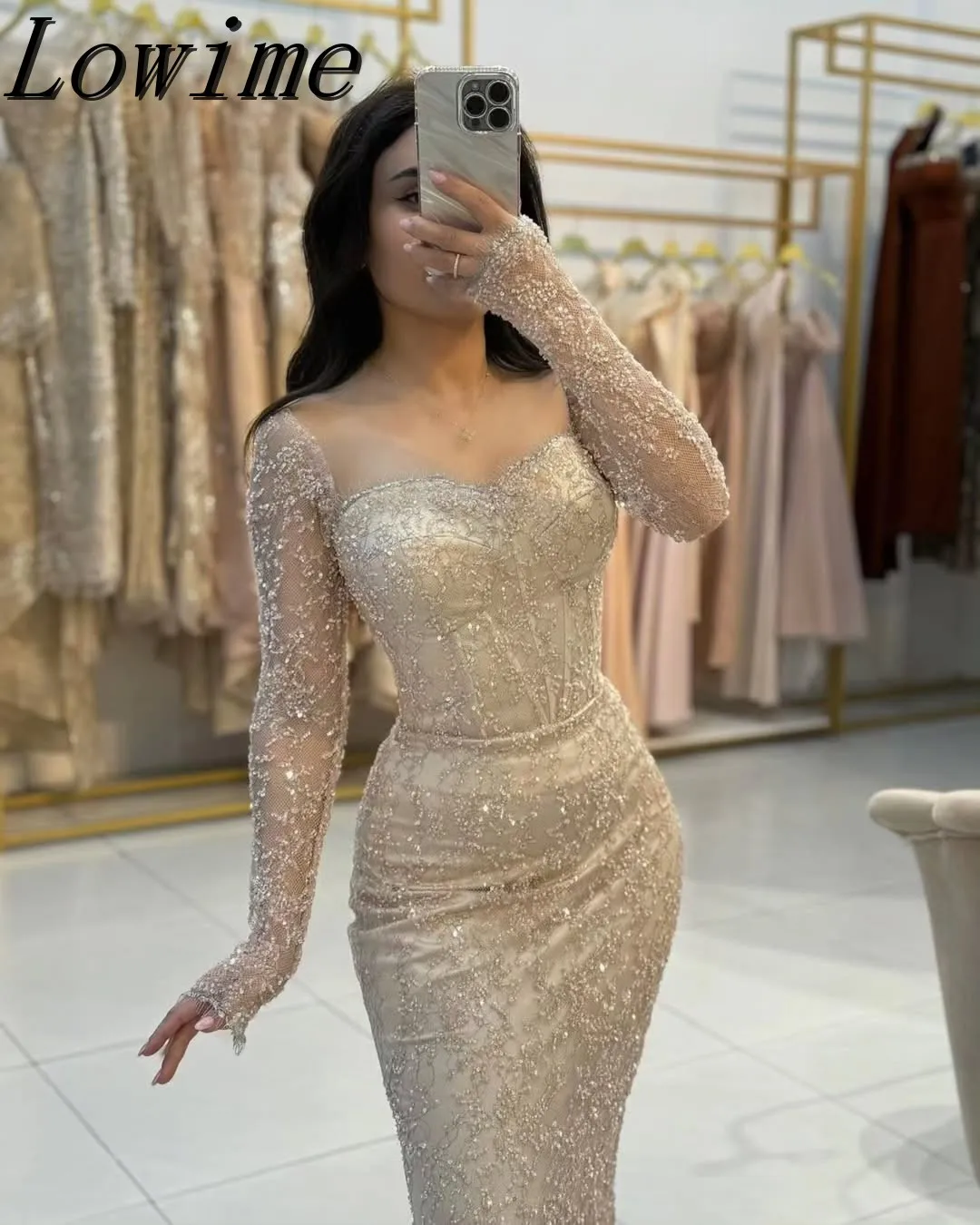 تخصيص أنيقة الشمبانيا ساحة الرقبة الديكور حورية البحر مساء حزب ثوب زائد حجم فتاة الأميرة طويلة الأكمام الدانتيل فستان الحفلة الراقصة