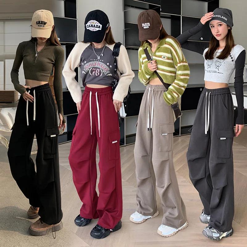 

Spring Sports Work Pants Women's High Waist Spicy Girl Style Loose Straight Leg Wide Leg Pants Casual Pocket Drawstring Pants