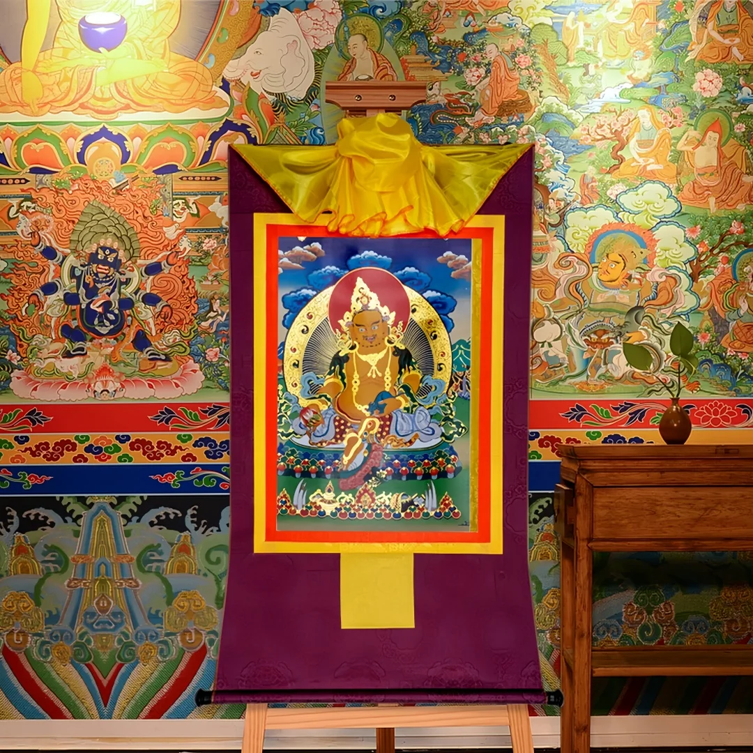 Tibetan Yellow Jambhala Thangka, Purple Gold Embroidery Mounted, 5 Wealth Gods Wall Decor.