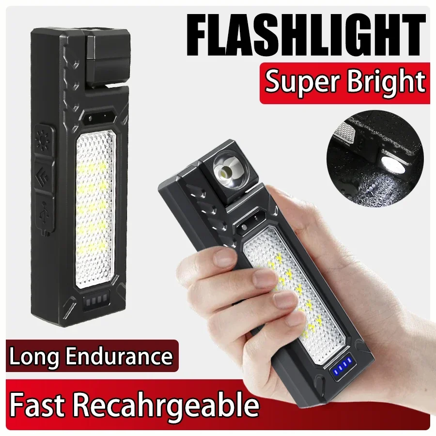 

Тактический перезаряжаемый фонарик, светодиод с высоким люменом и двойной подсветкой COB, компактный портативный, быстрая зарядка типа C, аварийный туризм для кемпинга