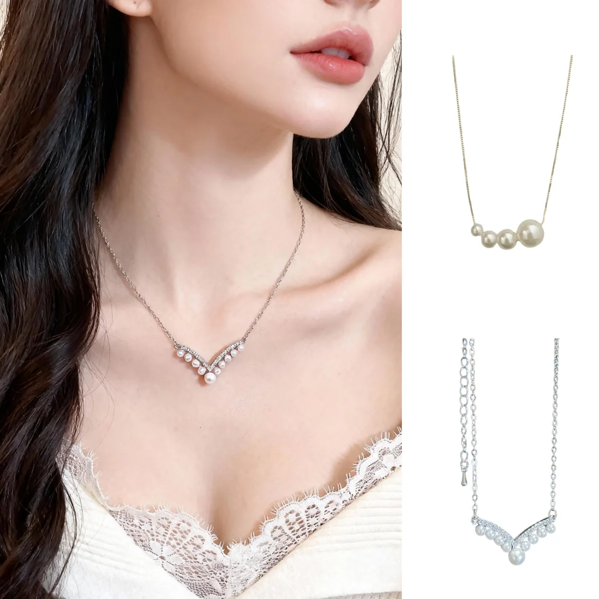 

Korean-Style Zircon V-Shaped Pearl Necklace Elegant and Sophisticated Niche Aesthetic Collarbone Chain Luxury-Inspired Necklace