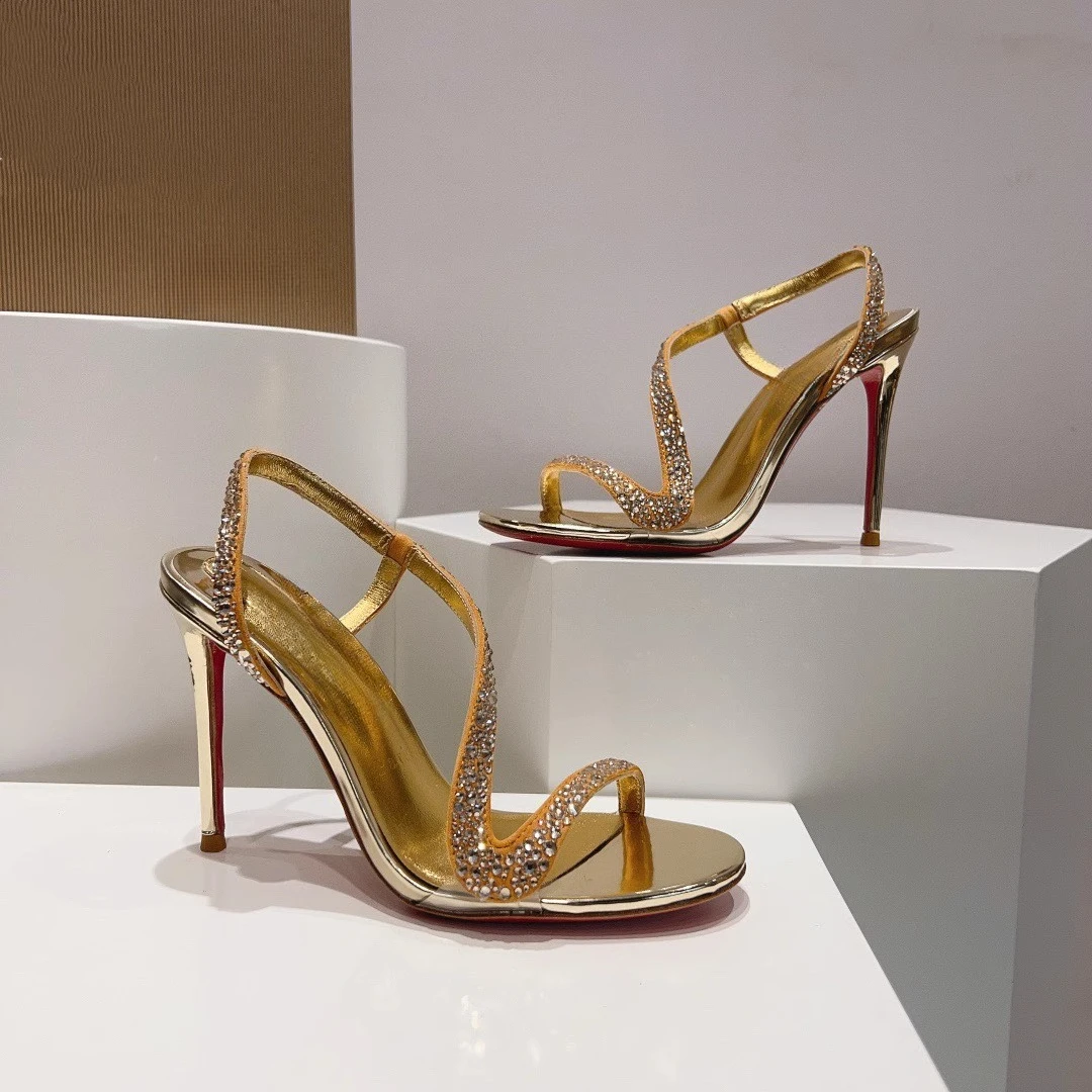 

Оригинальные золотые сандалии с французским ремешком и элегантным шармом, сексуальные туфли на высоком каблуке Water Diamond, женская обувь со змеиным носком