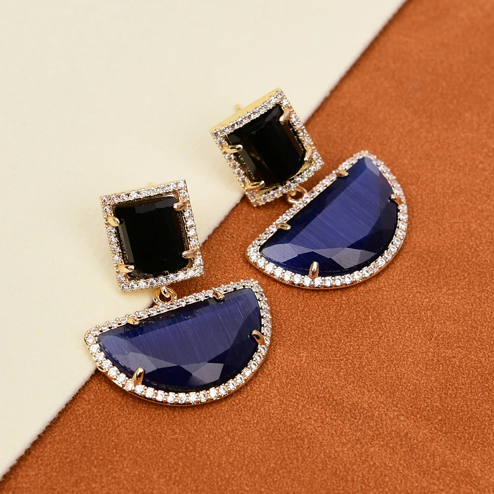 

G-G Natural Blue Black Cat Eye Dangle Gold Plated CZ Paved Stud Earrings Semicircle Shape Gems Earrings Lady Jewelry Gifts