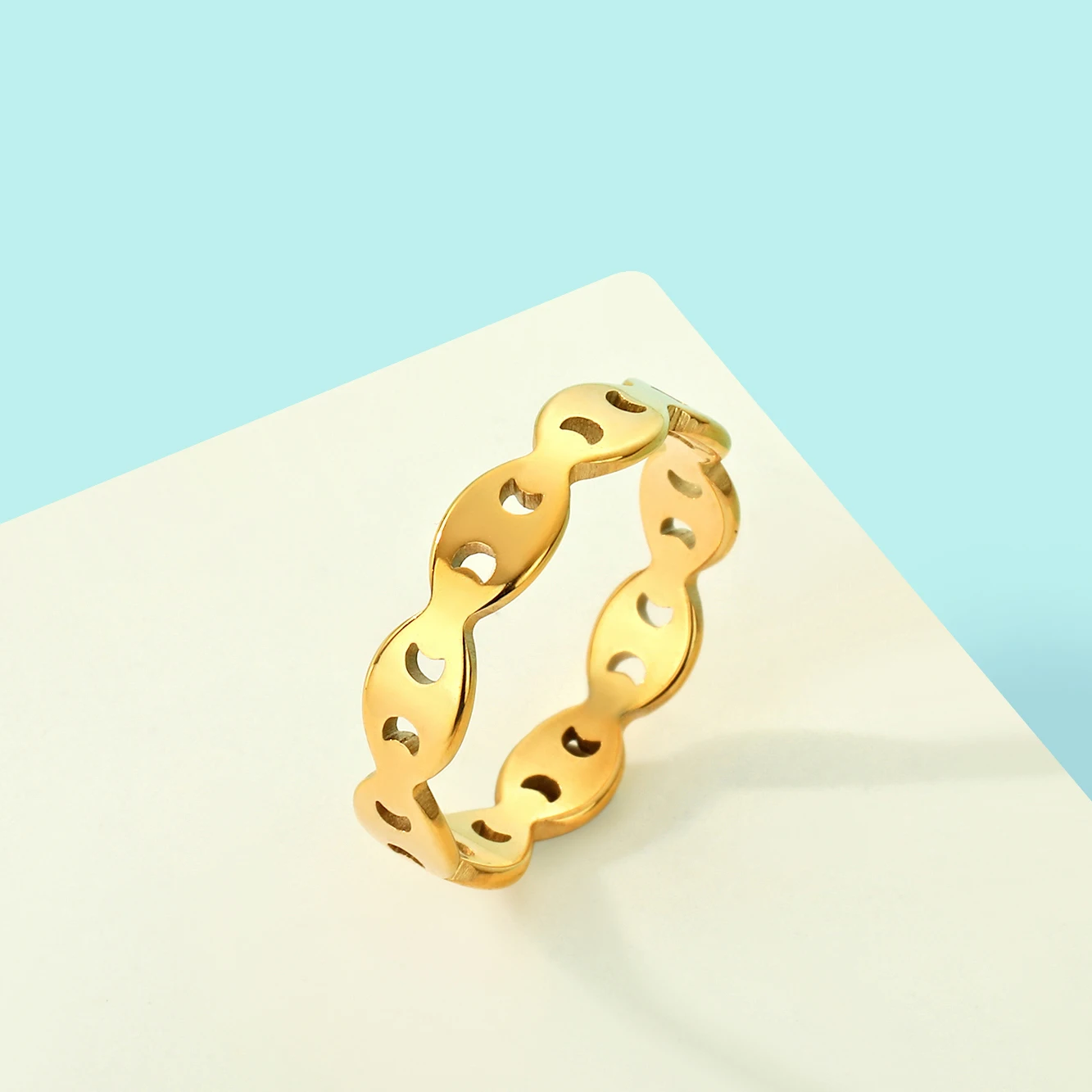 Kinitial Exquisite Laser Carved Ring Anchor Mariner Link Chain Ring Minimalist Chain Ring Fashion Jewelry New Year Gift