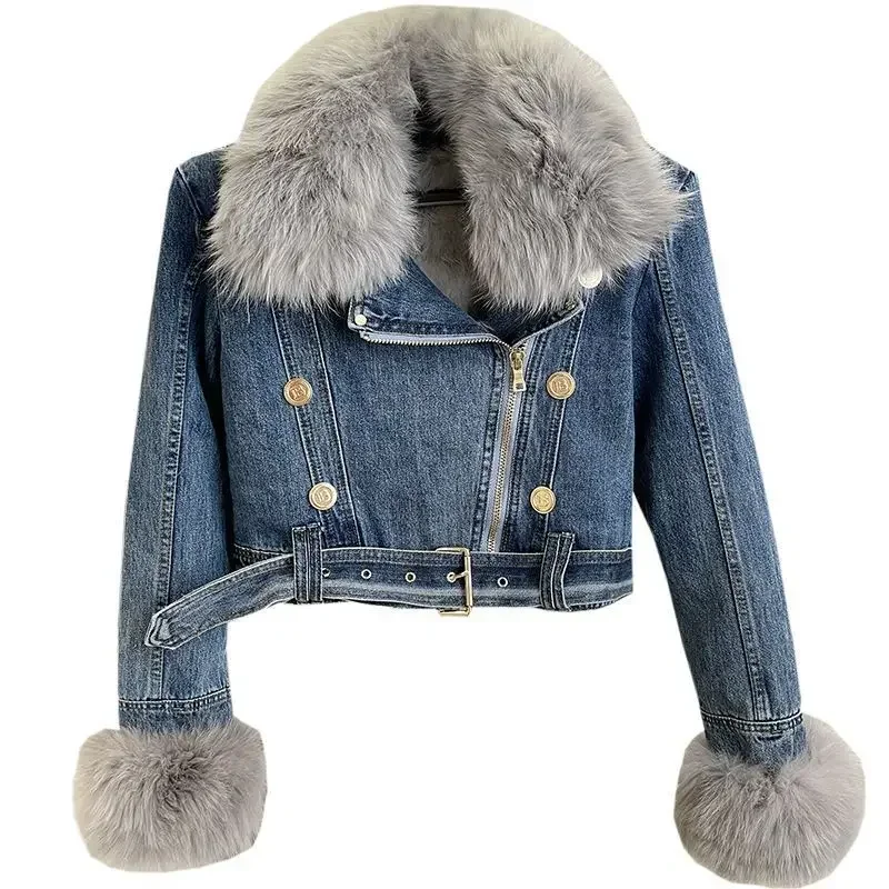 Denim Fur Long Sleeve Coat Women 2024 Winter Velvet Loose All-match Lace-up with Belt Jackets Korean Chic Lapel Female Parkas