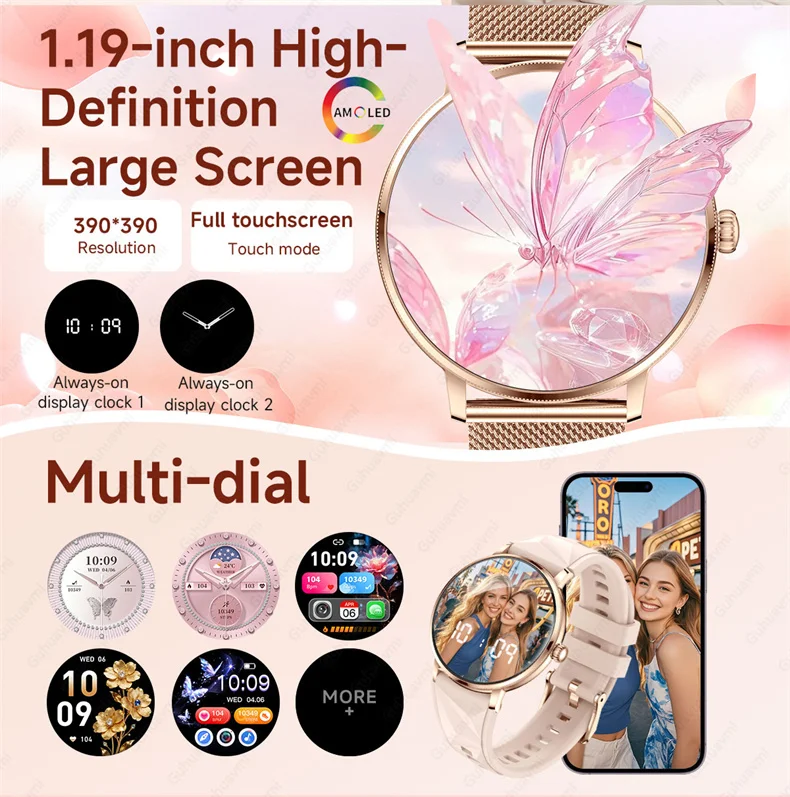 Neue 1,19" Ultra-Dünne Damen Smartwatch in Rosa mit Bluetooth-Anruffunktion, Anpassbaren Zifferblättern, Herzfrequenz- und Schlafüberwachung, Sportfunktionen und Uhrwerk – Detail 3