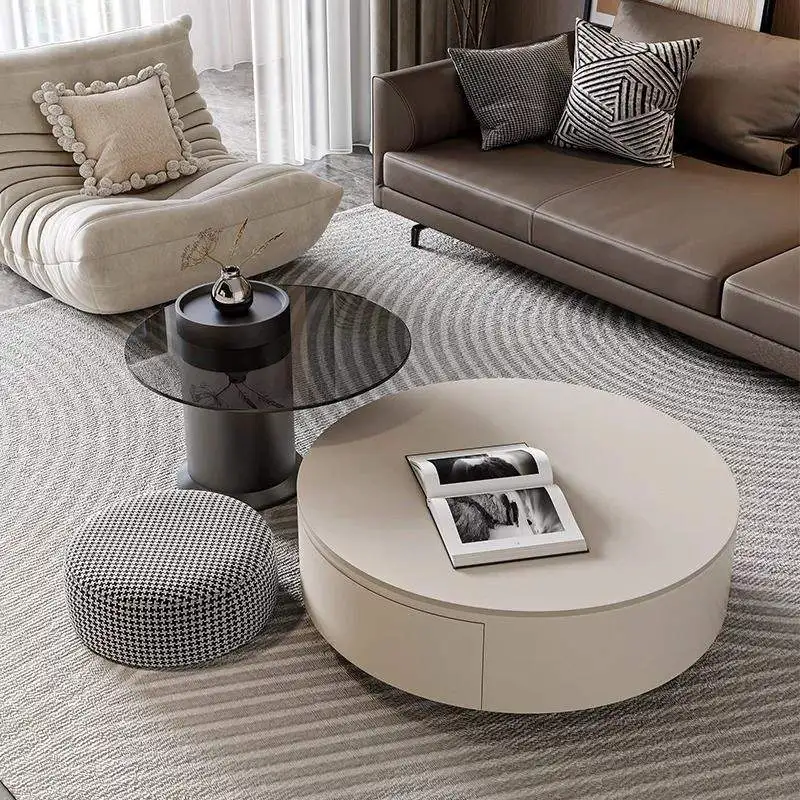 xx-Modern 3 Piece Round Coffee Table Set with Cream Storage Drawer Glass Side Table and Houndstooth Ottoman for Coffee Table^