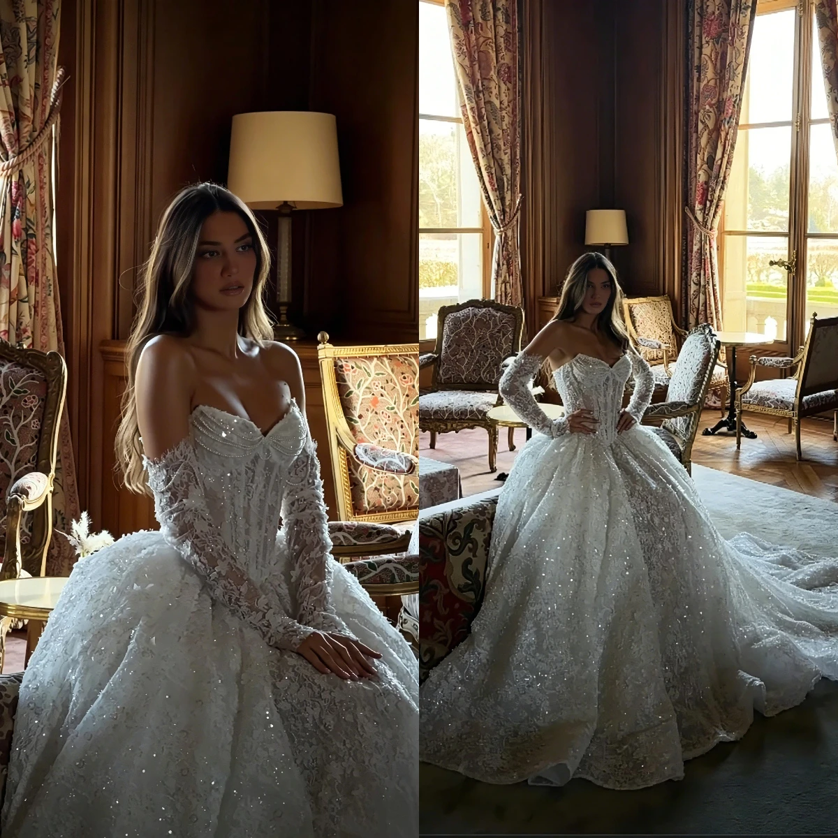 

Sexy Strapless Off Shoulder Long Sleeved Ballroom Dress With Sparkling Lace Beading And Luxurious 2026 Bridal Gown Customized
