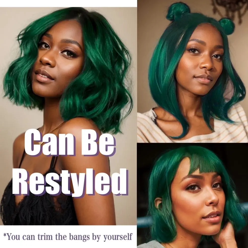 Black Green Short Straight Bob 13x4 Lace Front Human Hair Wig  Glueless Remy Brazilian Hair 180% Density  For Woman Perfect