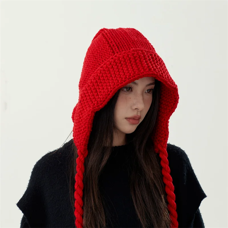 2022 Red Bomber Hat Winter Warm Cute Fried Dough Twist Braid Ear Protection Knit Cap Korean Fashion Ski Women\'s Caps Gorros