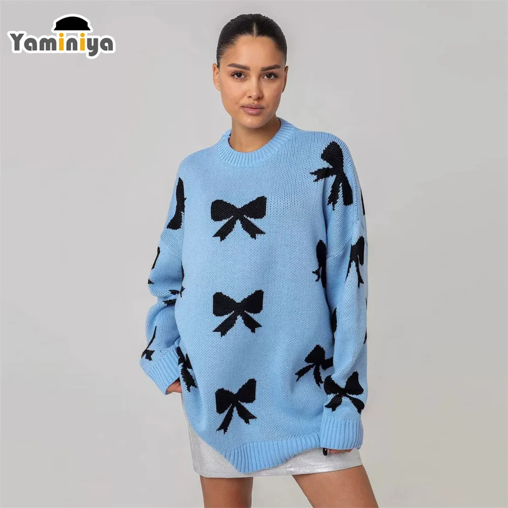 Yaminiya Winter Strik Grafische Schattige Zwarte Truien Vrouwen Losse Lange Mouw Gebreide Casual Basic Outwear Herfst Pullover Elegant