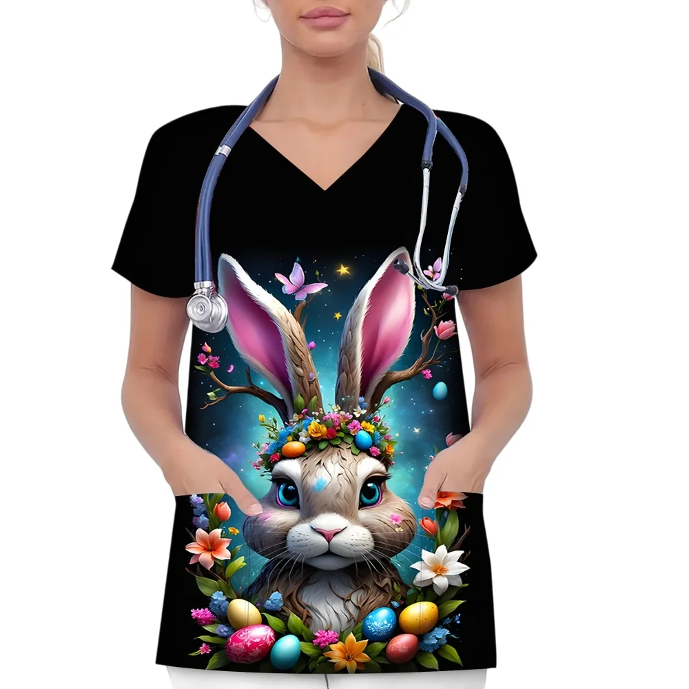 Damska bluzka medyczna z krótkim rękawem, dekoltem w serek i kieszenią, uroczy króliczek i jajko, letnia, codzienna, wygodna, z kieszeniami, odzież medyczna.