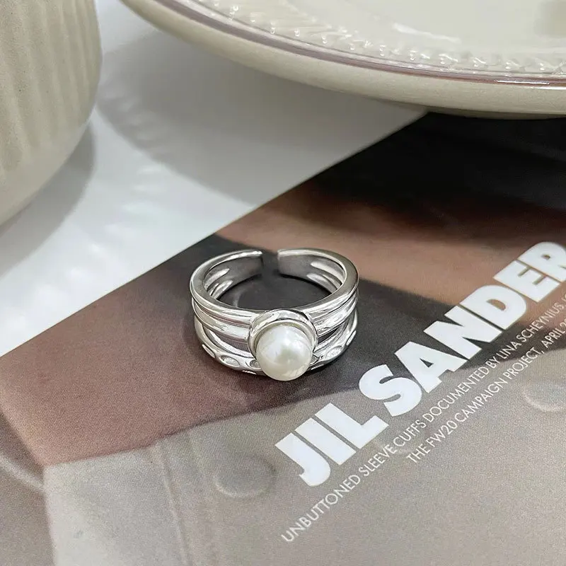 100% 925 Sterling Silver Pearl Geometric Open Ring for Women Girl Fashion Double layered Design Jewelry Party Gift Dropshipping
