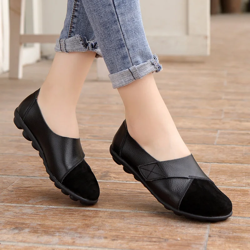 Plus Size Ladies Flats Shoes for Women 2022 Soft Genuine Leather Mocassin Boat Hook Loop Mocasines De Mujer Chaussure Femme