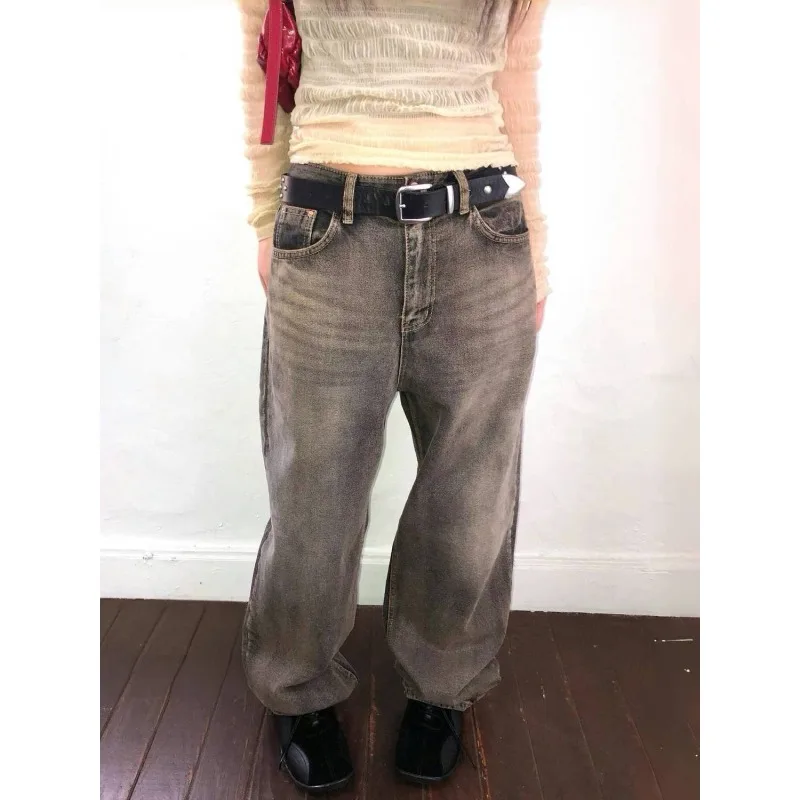 Damskie szare jeansy Y2k w stylu streetwear, boyfriend jeansy, vintage Harajuku, luźne spodnie dżinsowe, ubrania w stylu japońskim z lat 2000.