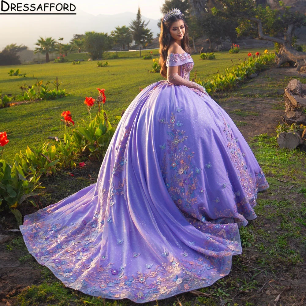 Meksiko ungu dari gaun pesta bahu gaun Quinceanera untuk anak perempuan applique gaun pesta 3D bunga manis 16 Robe De Bal