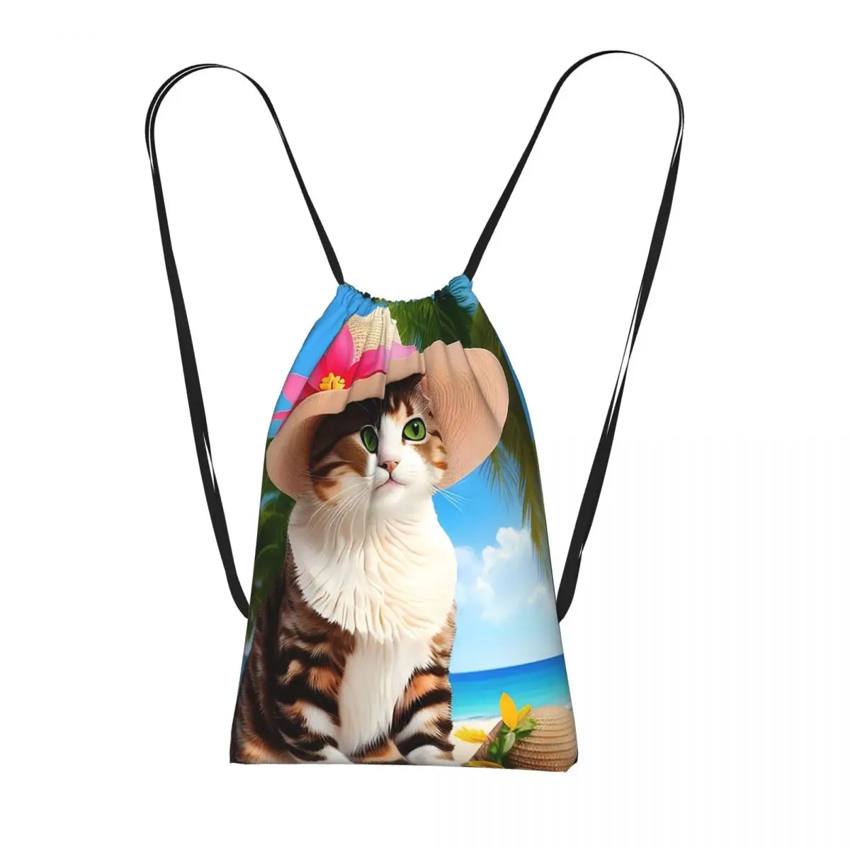 

Beach Straw Hat Black Cat Pattern Backpacks Fashion Drawstring Bags Sports Bag Book Bags for Man Woman School