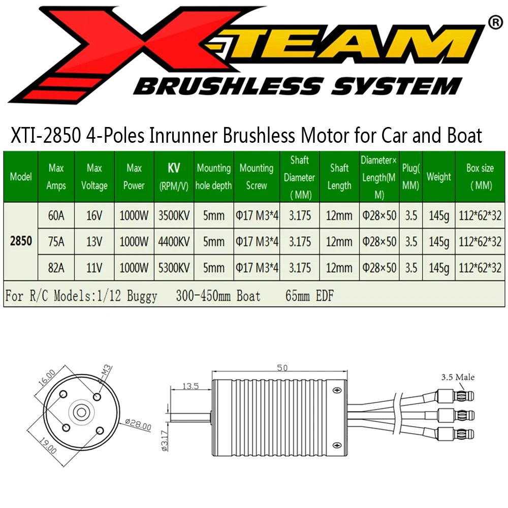 X-TEAM 2850 Internal Rotating , Brushless Motor, Suitable For 1/12 Car  , 300-450mm Boat , 65mm EDF