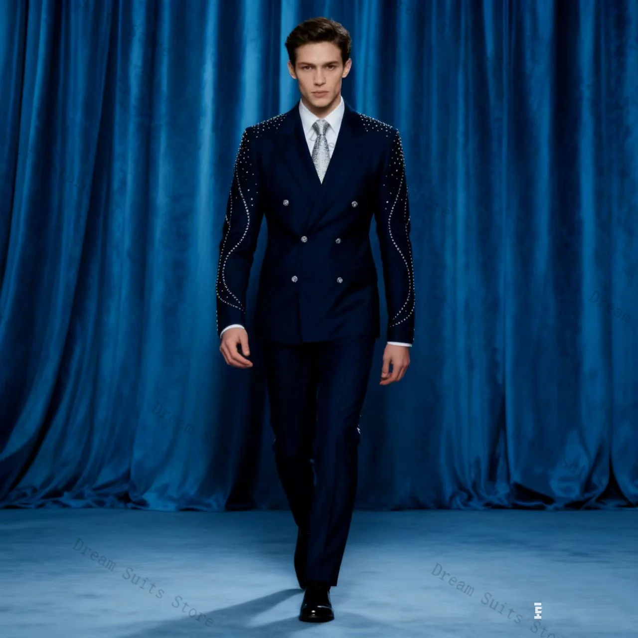 

Blue Crystals Men Suit Set 2 Piece Blazer+Cotton Pants Trousers Customized Formal Office Jacket Wedding Tuxedos Prom Coat