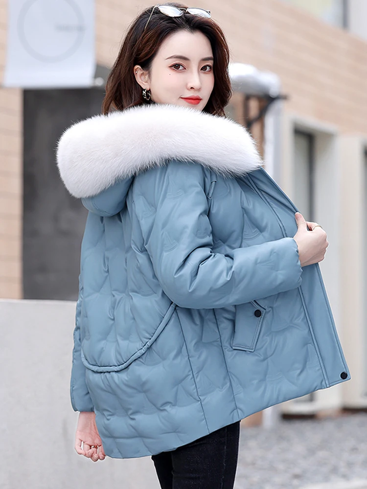 

Winter 2025 Women's ort Leather Jaet Fur Trimmed Hooded Durable Warm Thiened Genuine eepskin down Coat